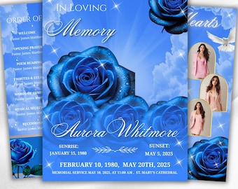 08 Pages Blue Roses Funeral Program Template, Editable Bifold 8.5x11” Design, Obituary Celebration Of Life Program, Digital Download