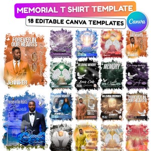 以下が含まれることがあります： 追悼Tシャツ用の18個の編集可能なCanvaテンプレートのコレクション。各デザインには写真、名前、日付が含まれており、「Forever in Our Hearts」や「In Loving Memory」などのテーマがあります。