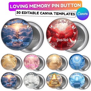 Peut inclure: Une collection de badges commémoratifs avec des motifs de ciel. Chaque bouton affiche le texte "Until We Meet Again" et un espace pour un texte personnalisé, avec des détails de lever et de coucher de soleil. La bannière supérieure indique "LOVING MEMORY PIN BUTTON".