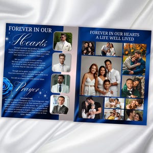 K&ouml;nnte beinhalten: Eine Gedenkkarte mit blauem und wei&szlig;em Design. Die linke Seite zeigt den Text "Forever in Our Hearts" und "Prayer" mit Fotos von M&auml;nnern. Die rechte Seite hat den Text "Forever in Our Hearts A Life Well Lived" und mehrere Familienfotos.