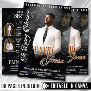 May include: A funeral program template featuring a portrait of a person in a white suit and black tie. The design includes the text In Loving Memory, Honoring The Legacy Of 2026, David Jason, and dates. The background is black with bokeh light effects.
