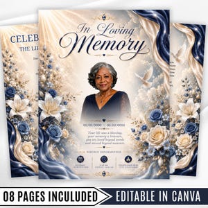 Pode incluir: Um modelo de programa funerário intitulado In Loving Memory com o retrato de uma pessoa idosa em um vestido azul escuro. O design inclui rosas azuis e creme, lírios brancos, pombas voando e tecidos fluidos em um fundo claro.