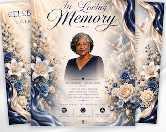 08 Pages Blue Funeral Program Template, Bi-Fold (8.5x11 in) Memorial Booklet, In Loving Memory, Obituary Celebration Of Life Program