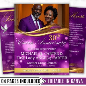 以下が含まれることがあります： 紫と金の教会の記念日の招待状。笑顔のカップルの写真が特徴です。「30周年記念」の文字と、日付、時間、場所などのイベントの詳細が含まれています。