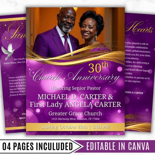 Purple Church Anniversary Program Template, Editable Bifold 8.5x11” Design, Church Appreciation Program, Anniversary & Faith Celebration