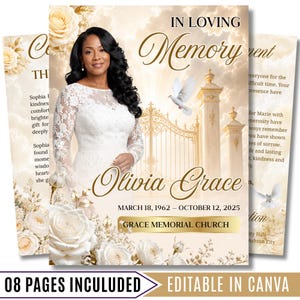 Könnte beinhalten: Eine Trauerprogramm-Vorlage mit dem Porträt einer Frau in einem weißen Spitzenkleid, goldenen Toren, einer weißen Taube und cremefarbenen Rosen. Der Text enthält IN LOVING MEMORY, Olivia Grace, 18. März 1962 – 12. Oktober 2025, GRACE MEMORIAL CHURCH.