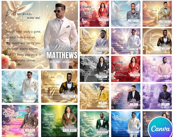 May include: A collection of 45 editable Canva templates for memorial tributes. The templates feature various designs with images of people, text, and floral elements. The text includes phrases like "Rest in peace" and "Goodbye."