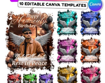 10 Happy Heavenly Bithday T Shirt Canva Editable Templates, In Loving Memory Templates, Memorial Canva Template, Digital Download