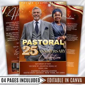 Pode incluir: Um modelo de folheto digital de quatro páginas para uma celebração do 25º aniversário pastoral. O design apresenta um fundo degradê dourado e marrom com imagens de duas pessoas em trajes formais, texto dourado e detalhes do evento.