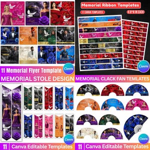 May include: A collection of memorial templates, including flyers, ribbon designs, stoles, and fans. The designs feature photos, doves, roses, and text such as "In Loving Memory" and names. The templates are labeled as Canva editable.