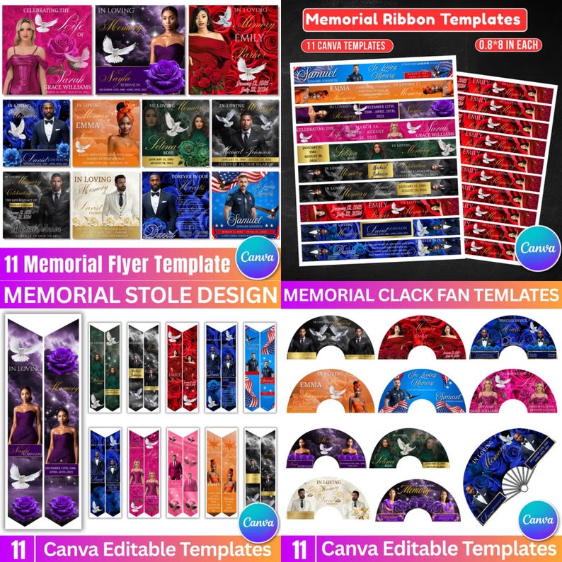May include: A collection of memorial templates, including flyers, ribbon designs, stoles, and fans. The designs feature photos, doves, roses, and text such as "In Loving Memory" and names. The templates are labeled as Canva editable.