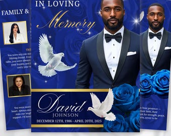 08 Pages Blue Funeral Program Template, Bi-Fold Funeral Program, Obituary Celebration Of Life Program, Digital Download