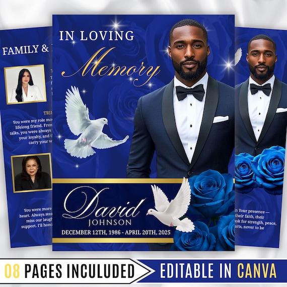 08 Pages Blue Funeral Program Template, Bi-Fold Funeral Program, Obituary Celebration Of Life Program, Digital Download