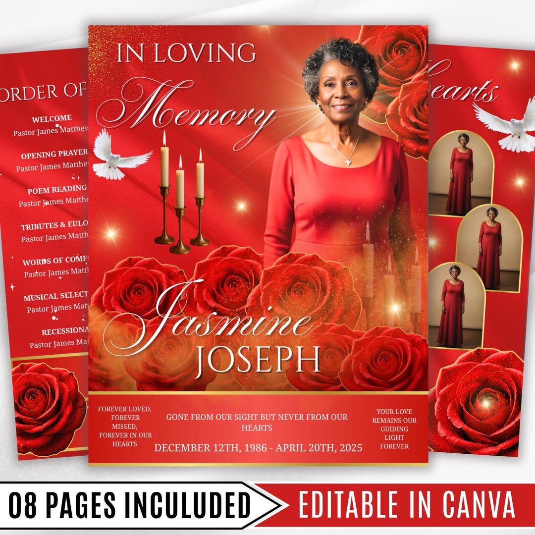 08 Pages Memorial Red Roses Funeral Program Template, Editable Bifold 8 ...