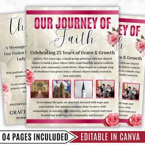 Puede incluir: Un conjunto de plantillas de cuatro páginas con el título "Nuestro viaje de fe" y el texto "Celebrando 25 años de gracia y crecimiento". El diseño incluye rosas rosas e imágenes de iglesias. La parte inferior de la plantilla dice "04 PÁGINAS INCLUIDAS EDITABLE EN CANVA."