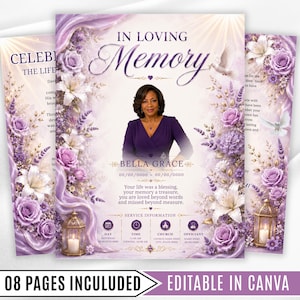 08 Pages Purple Funeral Program Template, Bi-Fold (8.5x11 in) Memorial Booklet, In Loving Memory, Obituary Celebration Of Life Program