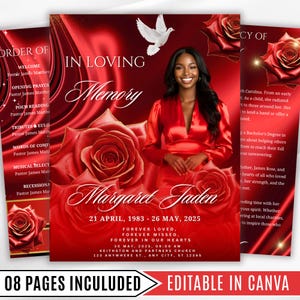 May include: A memorial service program in red and white. The design features a photo of a woman, roses, and the text "In Loving Memory" and "Margaret Jaden". The program is editable in Canva.