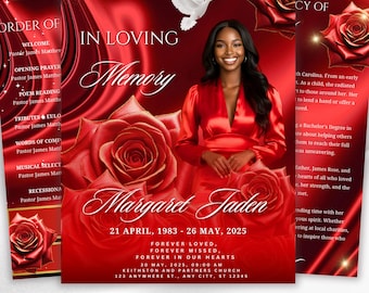 08 Pages Red Roses Lightning Funeral Program Template, Editable Bifold 8.5x11”Design, Obituary Celebration Of Life Program, Digital Download