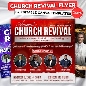 May include: A red and white flyer for a church revival event. The flyer includes the text "Church Revival Flyer" and "04 Editable Canva Templates". It also features the text "Annual Church Revival" and the names of guest speakers.