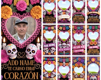 Puede incluir: Una colección de diseños conmemorativos del Día de los Muertos. Cada diseño presenta un marco en forma de corazón, calaveras de azúcar, flores y el texto "Add Name" y "Te Cargo En Mi Corazon". Los diseños son de colores vibrantes.