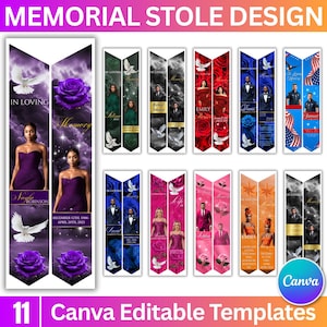 Può includere: Una collezione di undici modelli di stole commemorative. Ogni modello presenta una foto, testo ed elementi decorativi come colombe e rose. Le stole sono in vari colori, tra cui viola, rosso, blu e rosa. Il testo include nomi e date.