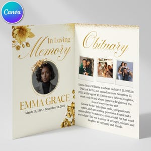 May include: A memorial card with a portrait of a woman, gold floral accents, and the text "In Loving Memory" and "Obituary." The card includes the name "Emma Grace" and dates, along with a brief biography and photos.
