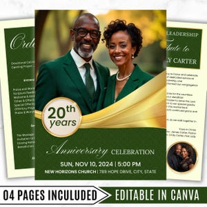 May include: A green and gold anniversary celebration invitation. The invitation features a photo of a smiling couple, the text "20th years Anniversary Celebration", and event details. The words "04 PAGES INCLUDED" and "EDITABLE IN CANVA" are also visible.