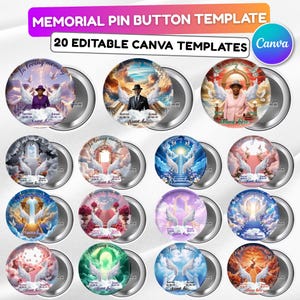 May include: A collection of memorial pin button templates with various designs. Each button features a person with angel wings, set against a heavenly background. Text includes "In loving memory" and "Name here". The top banner reads "MEMORIAL PIN BUTTON TEMPLATE".