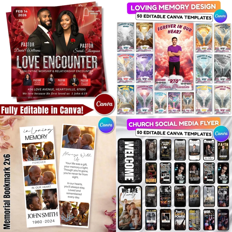 May include: A collection of Canva templates for various occasions. Includes a Valentine's Day event flyer, memorial bookmarks, and social media flyers. The flyers feature photos, text, and design elements. The text includes "Love Encounter", "Loving Memory Design", and "Church Social Media Flyer".