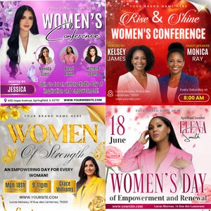 May include: A collection of four promotional posters for women's conferences and events. The posters feature images of women, event details, and text such as "Women's Conference", "Women of Strength", and "Women's Day".