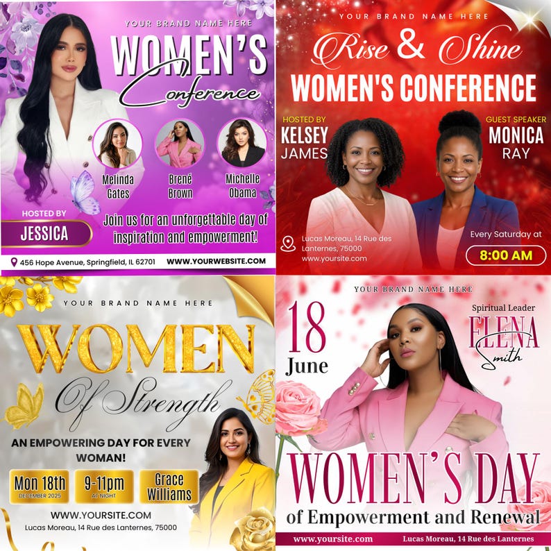 May include: A collection of four promotional posters for women's conferences and events. The posters feature images of women, event details, and text such as "Women's Conference", "Women of Strength", and "Women's Day".