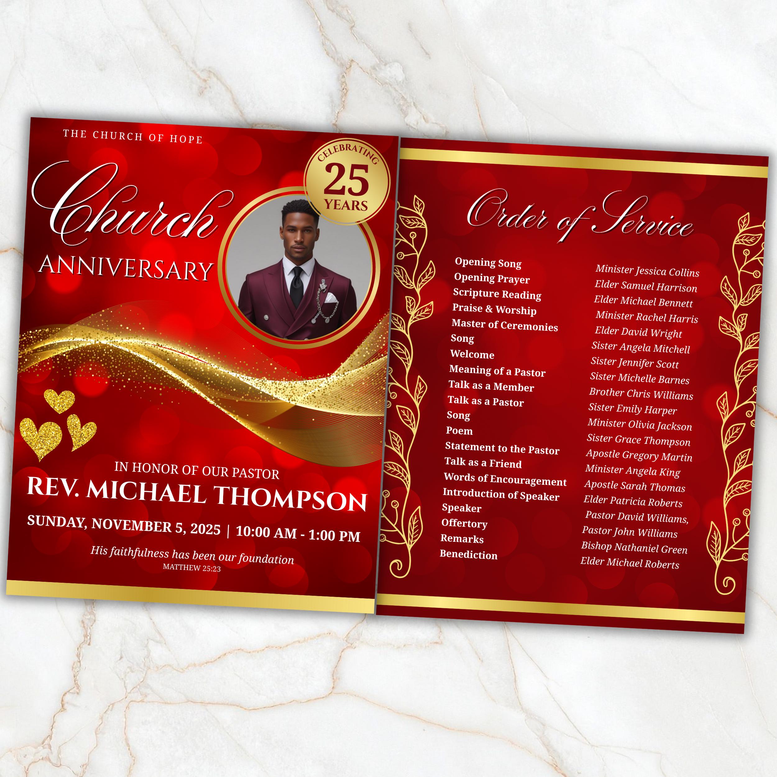 Church Anniversary Program Template, Editable Bifold 8.5x11” Design ...
