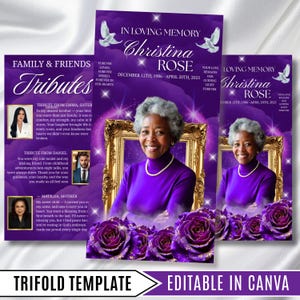 Trifold Purple Rose Gold Frame Funeral Program Template, Celebration of Life Obituary Program, Memorial Program, In Loving Memory, Editable