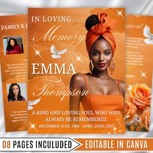 May include: An orange memorial card design with the text "In Loving Memory Emma Thompson." The design features a woman in an orange dress and head wrap, doves, and floral accents. The text reads "A kind and loving soul who will always be remembered."