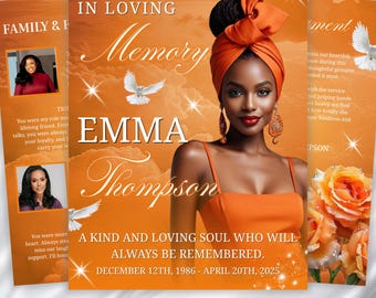 08 Pages Orange Funeral Program Template, Bi-Fold Funeral Program, Obituary Celebration Of Life Program, Digital Download