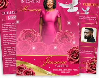 08 Pages Memorial Pink Funeral Program Template, Editable Bifold 8.5x11” Design, Obituary Celebration Of Life Program, Digital Download