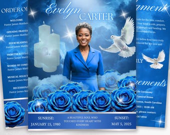 May include: A memorial program for Evelyn Carter, featuring a portrait of a woman in a blue suit, surrounded by blue roses and doves. The design includes text such as "In Loving Memory" and "08 Pages Included".