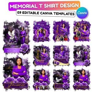 May include: A collection of memorial t-shirt designs with purple and gold accents. Each design features a photo, the words "In Loving Memory," names, and dates. The designs include roses and a dove. The text "Memorial T Shirt Design" and "09 Editable Canva Templates" are at the top.