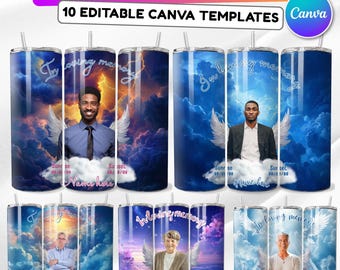 10 Blue Memorial Tumbler Canva Editable Template Bundle, Canva Editable Template, In Loving Memory Tumbler, Add your Own Photo Canva Tumbler