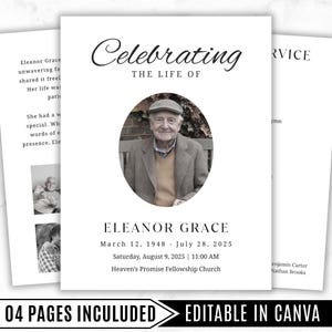 04 Pages Minimal Funeral Program Template, Memorial Funeral Program, Obituary Celebration Of Life Program, Digital Download