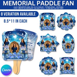 May include: A collection of memorial paddle fans with various shapes and designs. Each fan features a portrait, floral accents, and the text "In Loving Memory" and "Amelia Juliat". The fans are 8.5 x 11 inches and are Canva templates.