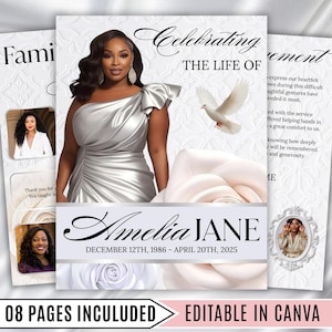 May include: A memorial card design featuring a woman in a silver dress, a dove, and a white rose. The text reads "Celebrating the Life of Amelia Jane" with dates. The design includes additional photos and the text "08 Pages Included" and "Editable in Canva."