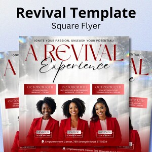 May include: A square flyer titled "Revival Template" with the text "Revival Experience." The flyer includes the dates October 10th, 11th, and 12th, with event details. Three women in red blazers are featured, with names and titles below.