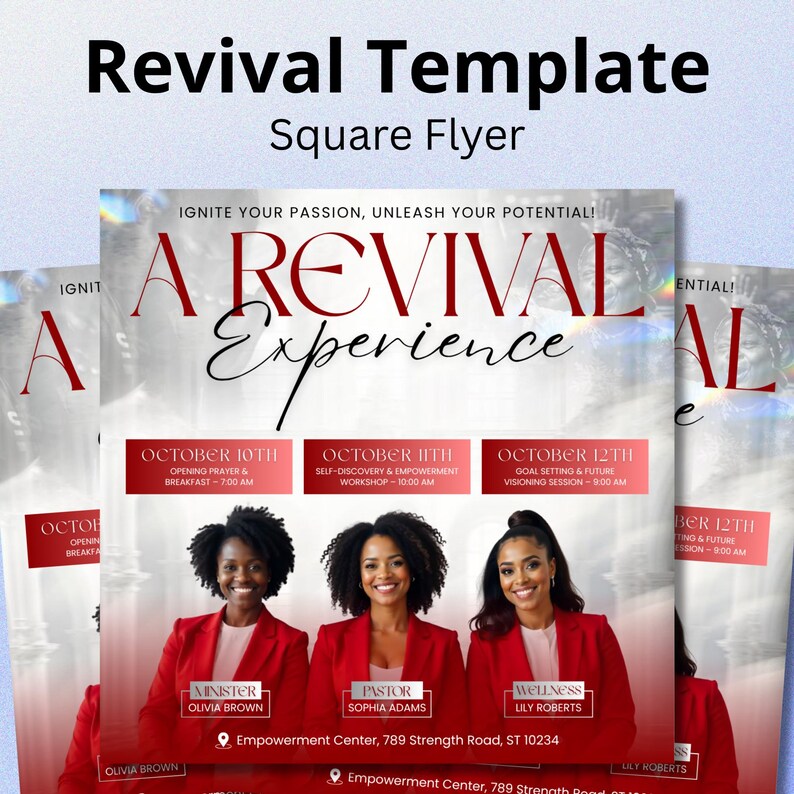 May include: A square flyer titled "Revival Template" with the text "Revival Experience." The flyer includes the dates October 10th, 11th, and 12th, with event details. Three women in red blazers are featured, with names and titles below.