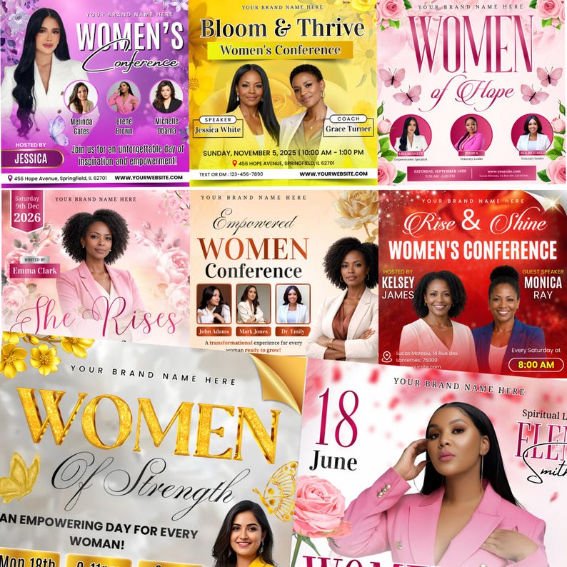 May include: A collection of promotional posters for women's conferences. The posters feature images of women, floral designs, and text such as "Women's Conference," "Bloom & Thrive," and "Empowered Women." Dates and times are also included.