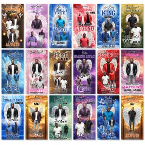 May include: A collection of memorial banners with various designs. Each banner features a portrait, angel wings, and text such as "Always" and names like "Marcus" and "Dean." The banners have colorful backgrounds.