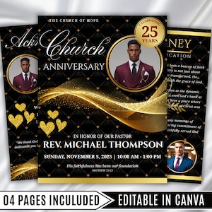 Op de afbeelding: Een zwart en goud kerkjubileum flyer ontwerp. De flyer bevat een foto van een man in een pak, gouden harten en de tekst "Celebrating 25 Years". De flyer bevat ook de tekst "Rev. Michael Thompson" en "Sunday, November 5, 2025."
