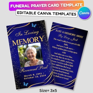 Peut inclure: Modèle de carte de prière funéraire avec fond bleu marine et accents dorés. La carte présente une photo d'une femme souriante, le texte "In Loving Memory" et un poème. La carte mesure 7,6 x 12,7 cm.