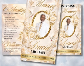 Trifold White Gold Funeral Program Template, Celebration of Life Obituary Program, Memorial Program, In Loving Memory, Digital Download