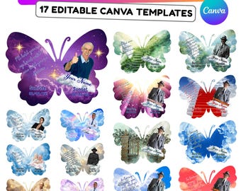 17 Plantilla de pin de mariposa conmemorativa editable, plantilla de pin de mariposa en memoria amorosa, plantilla de Canva conmemorativa, recuerdo